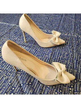 Nude Heels Bow Pointed Toe Stiletto Pump Sz 9.5 Wedding Cocktail Formal Dress Up